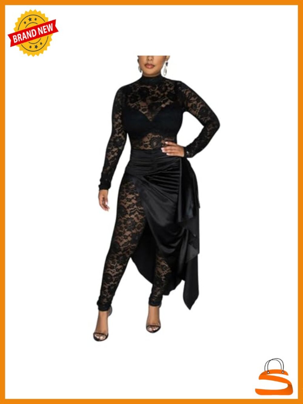Lace See Through Jumpsuit Long Sleeve High Split Midi One Piece Set